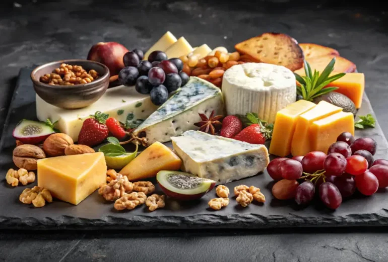Kaasplank met kazen, vers fruit en noten