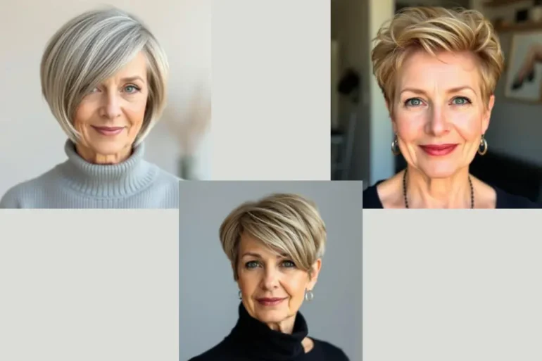 drie oudere dames met kort kapsel op grijze achtergrond