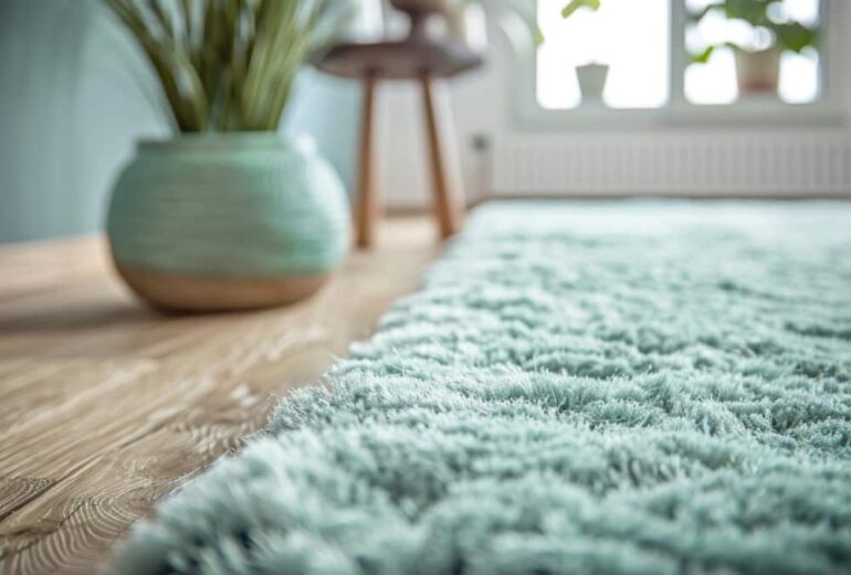 turquoise vloerkleed op houten vloer met turquoise pot en muur