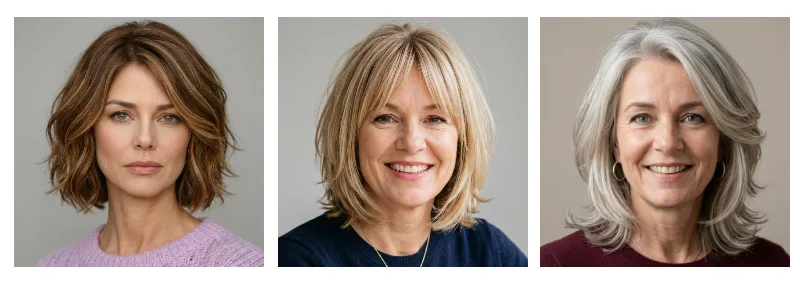 drie oudere vrouwen met halflang kapsel