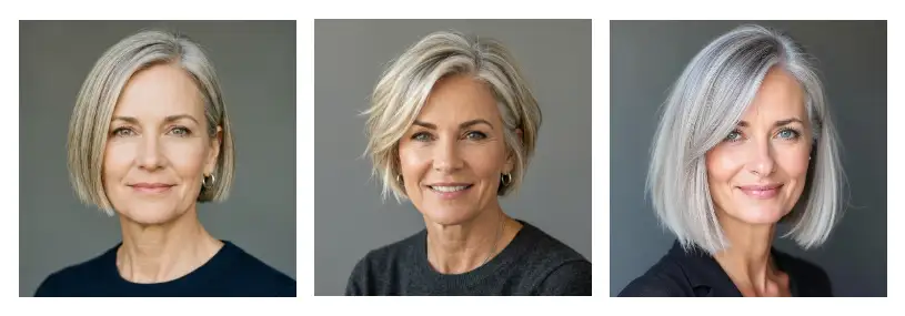 drie vrouwen met grijze bob kapsels