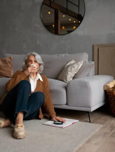 oudere vrouw zit comfortabel op houten vloer met kleed
